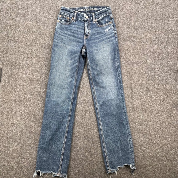 American Eagle Outfitters Denim - American Eagle High Waisted Straight Leg 00 Jeans Medium Wash Raw Hem Distressed